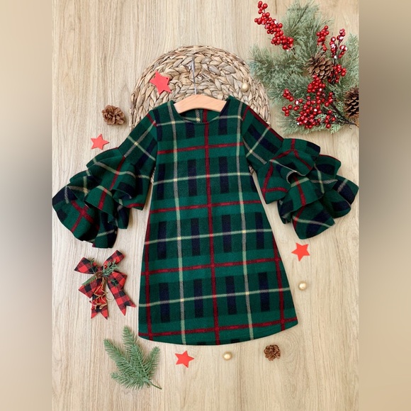 Mia Belle Girls Under the Mistletoe Tiered Sleeve Miya Dress in green plaid - Picture 7 of 13